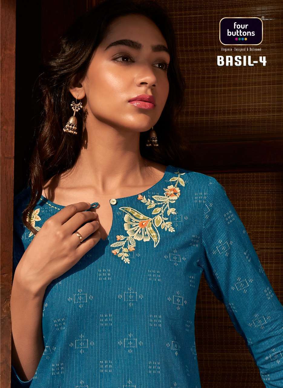 FOUR BUTTONS BASIL VOL 4 COTTON EMBRODERY KURTIS WHOLESALE