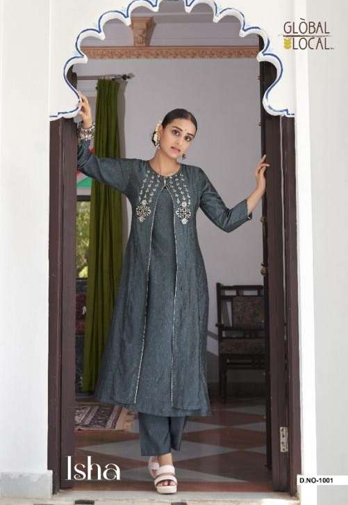 GLOBAL LOCAL ISHA VISCOSE KURTIS WITH JACKET WHOLESALE CATLOGE