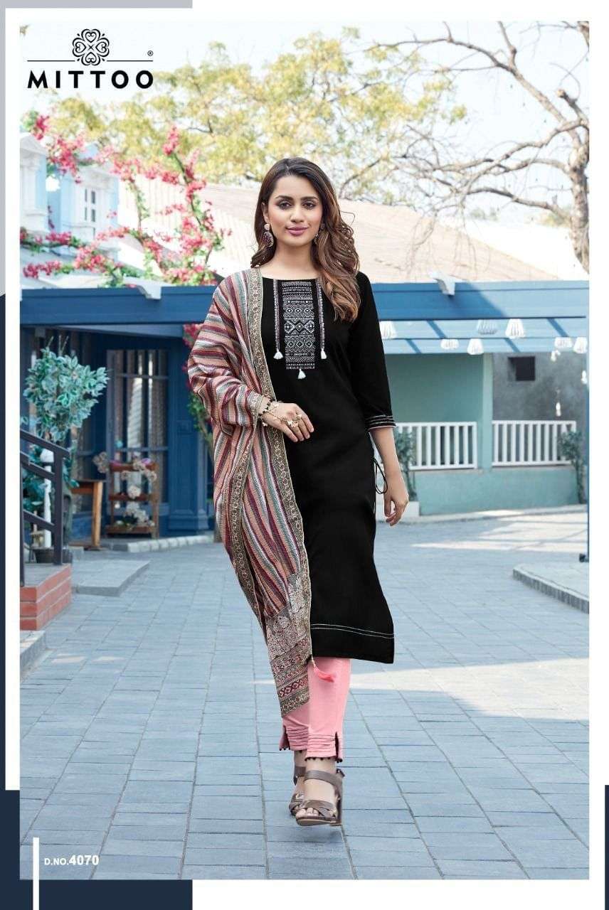 MITTOO MAHENDI VOL-2 RAYON KURTI PENT DUPATTA COMBO 