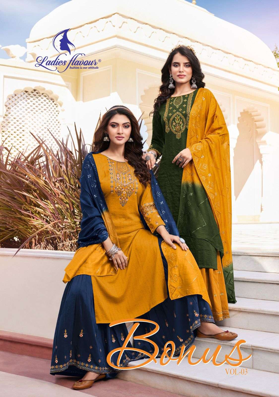 LADIES FLAVOUR  BOUNS VOL-3 KURTI SHARARA WITH DUPATTA WHOLESALE CATLOGE 