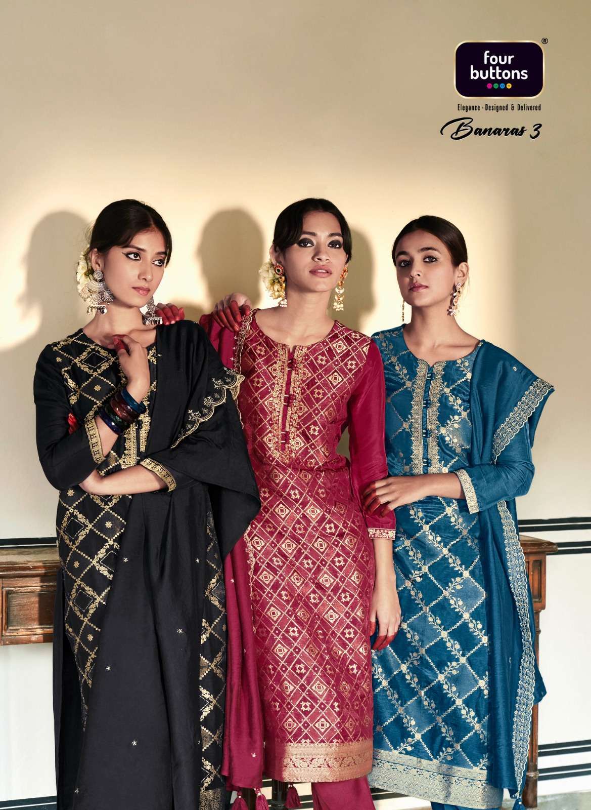 FOUR BUTTONS BANARAS VOL-3 JACQUARD KURTI PENT WITH DUPATTA LATEST COLLECTION