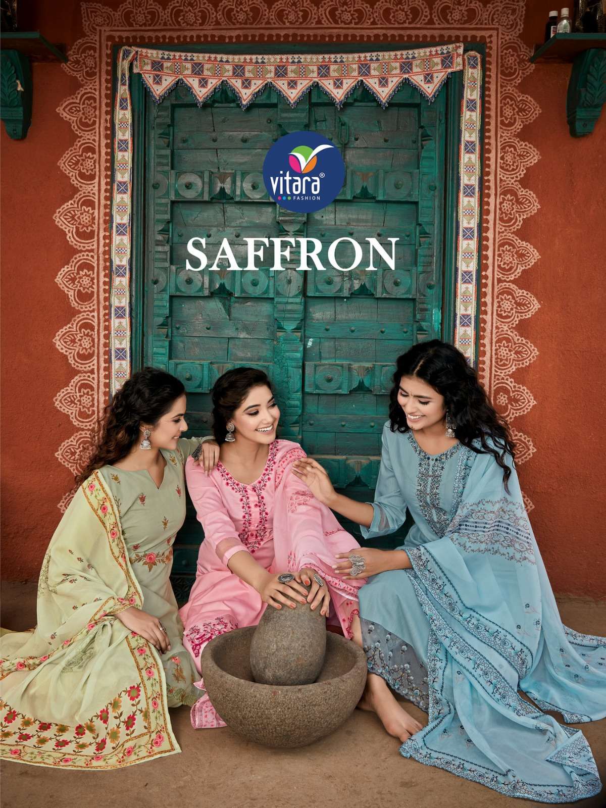 VITARA FASHION SAFFRON MUSLIN KURTIS BOTTOM WITH DUPATTA CATLOG