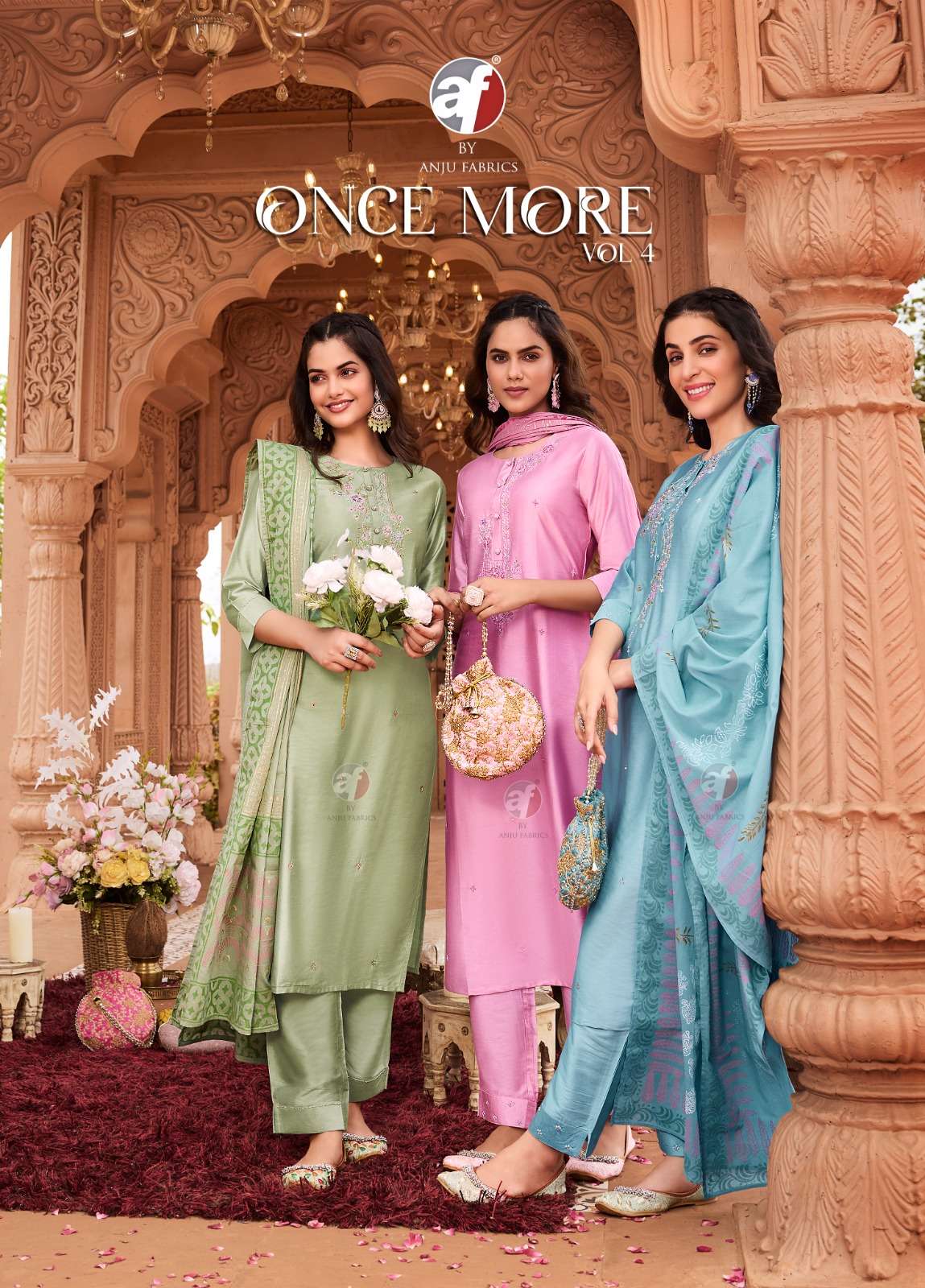 ANJU FABRIC ONCEMORE VOL4  PARTYWEAR READYMADE SUIT WHOLESALER 